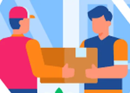 Close view of the AllChinaBuy illustration of a parcel changing hands at the door