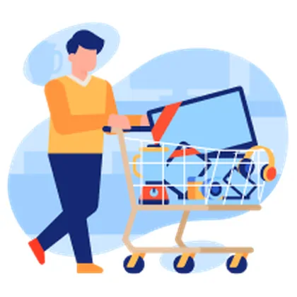 AllChinaBuy illustration of a shopper pushing a trolley of selected goods