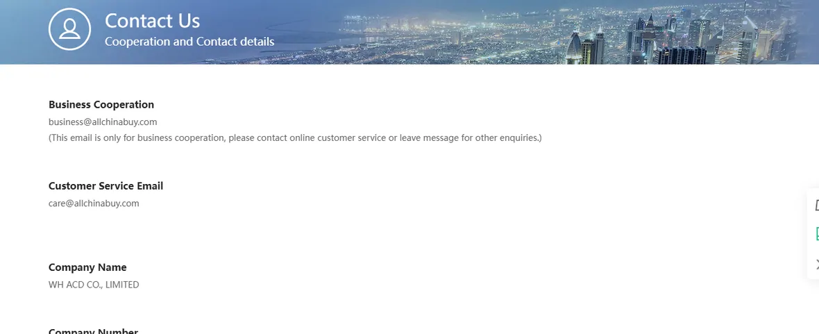 The AllChinaBuy contact page showing its business and service email addresses and its registered company name