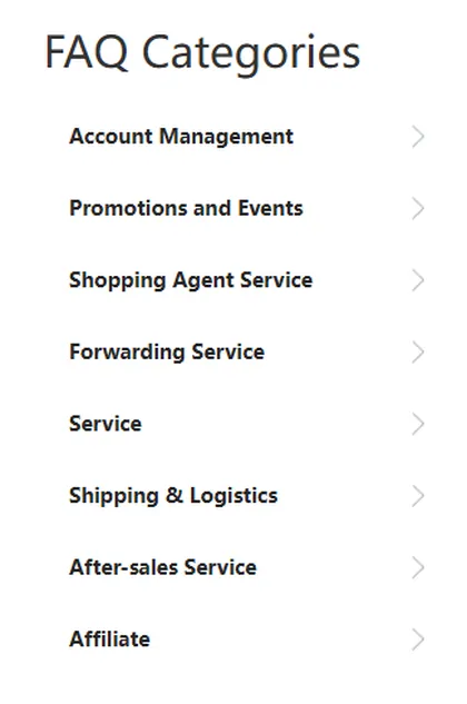 The AllChinaBuy help centre sidebar listing FAQ categories from account management to affiliate