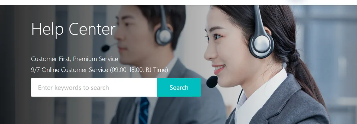 The AllChinaBuy help centre header with a search box over a photograph of support staff