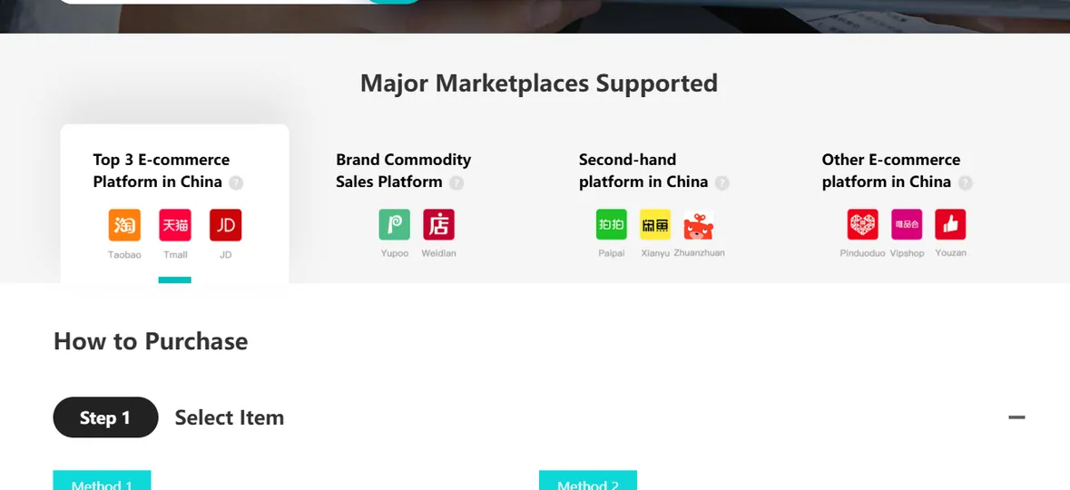 The AllChinaBuy guidance page listing the marketplace groups it supports, above the first purchase step
