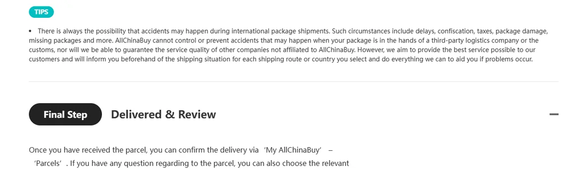 A tips block on the AllChinaBuy guidance page setting out what can go wrong once a parcel is with a carrier or customs