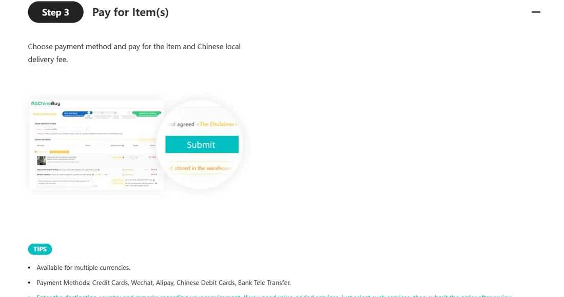 The AllChinaBuy user guidance page showing the pay for items step with its screenshot