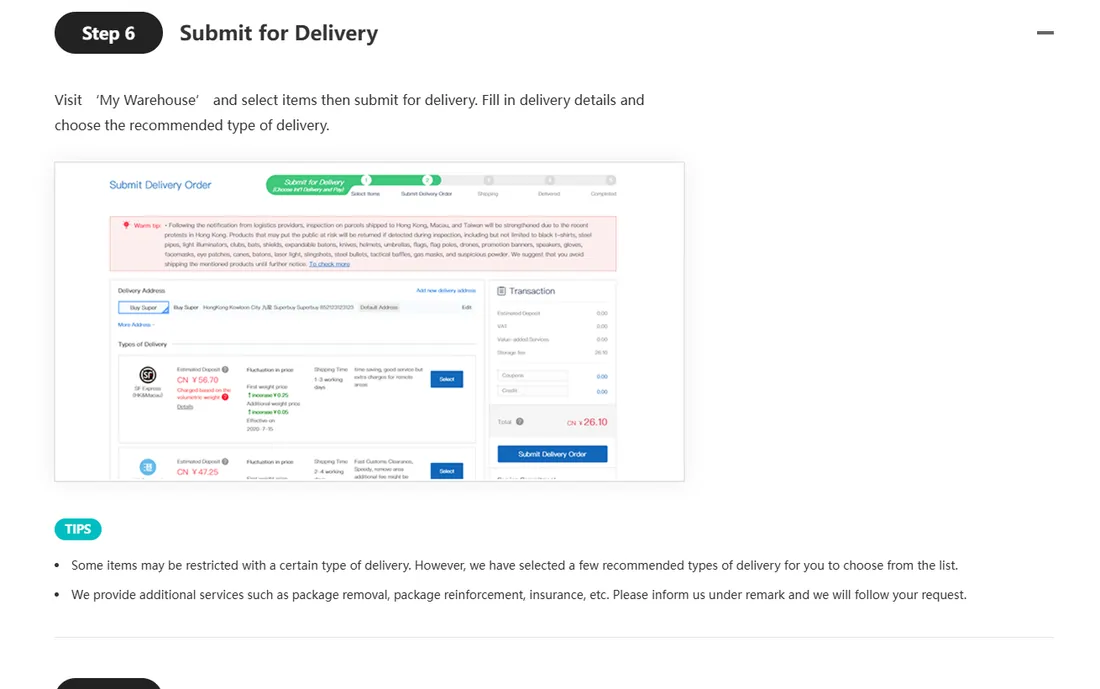 The AllChinaBuy submit for delivery screen where warehouse items are selected into one parcel