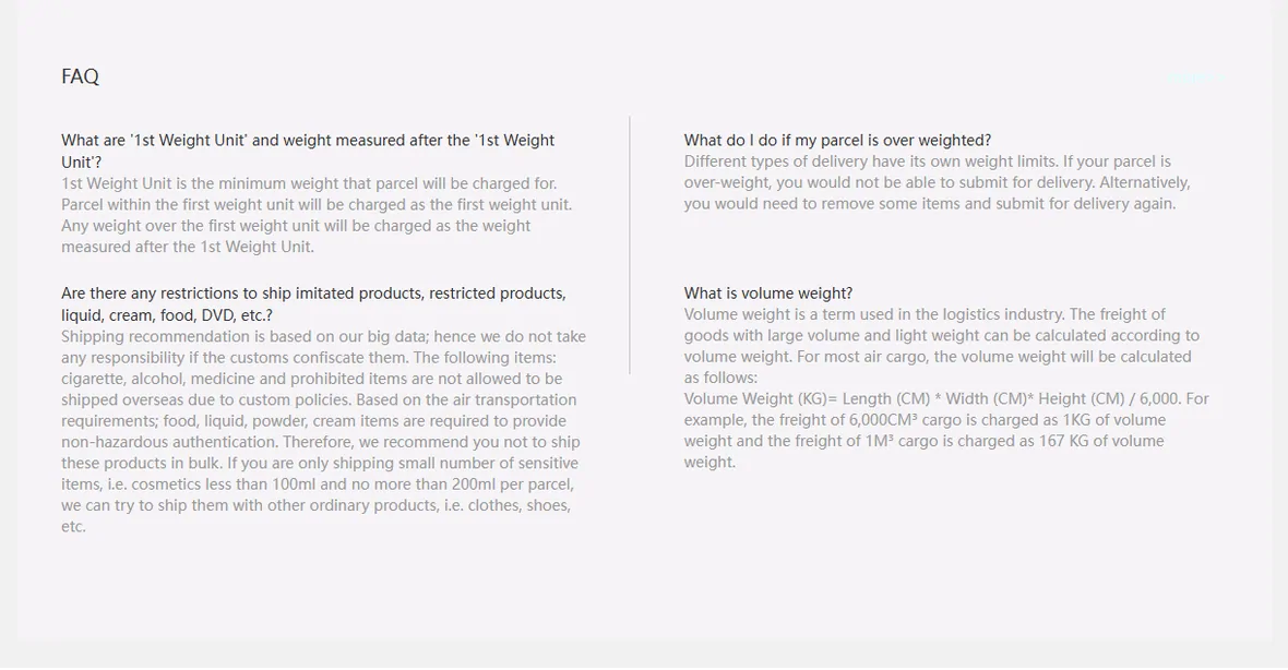 The AllChinaBuy shipping FAQ explaining first weight unit, over weight parcels and volume weight