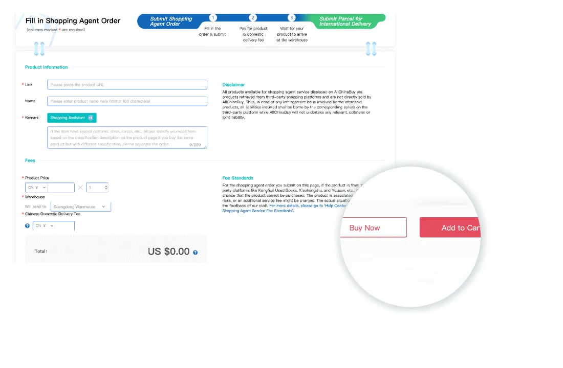 The AllChinaBuy fill in a shopping agent order form with product information and price fields