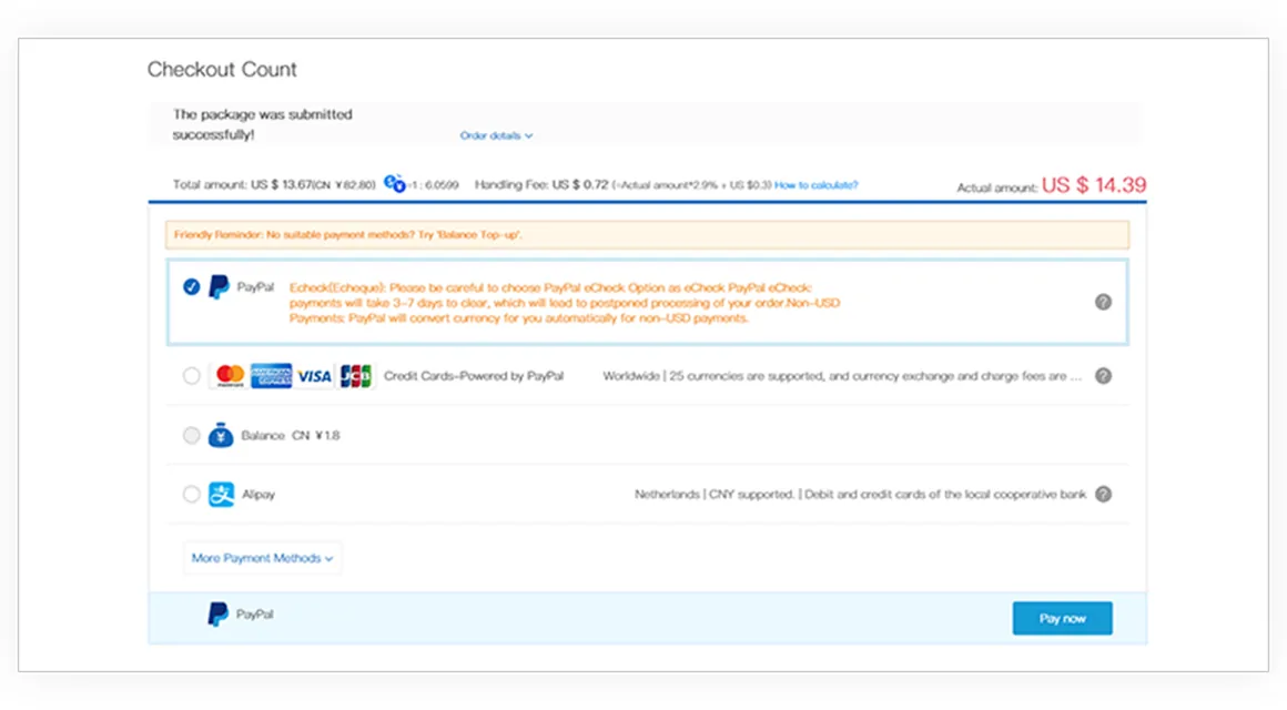 AllChinaBuy checkout screen after a parcel is submitted, showing total, handling fee and payment methods