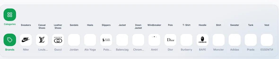W2CSpreadsheet category and brand strip showing sneakers, hoodies, jackets, shirts and brand logos