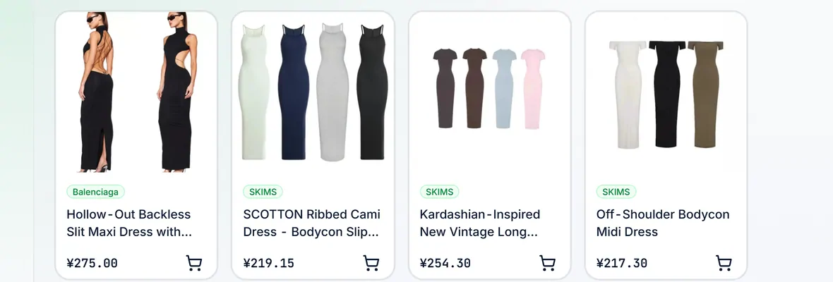 Close view of W2CSpreadsheet product cards, each with a photo, a brand tag, a name and a price