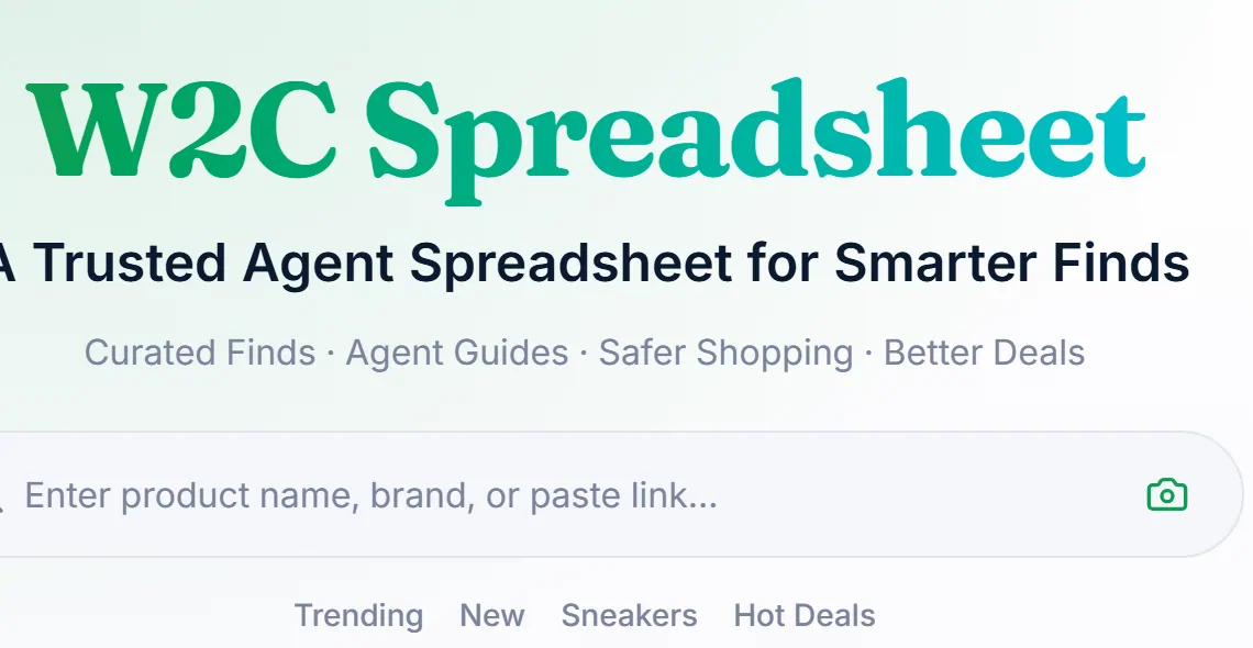 The W2CSpreadsheet home page with its name, tagline and a box for pasting a product link